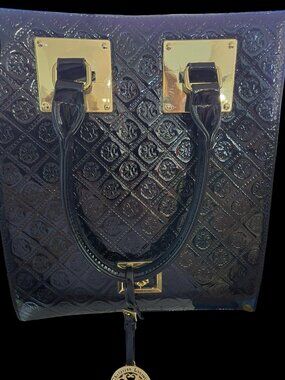 Christian Lacroix Black Patent Leather Embossed Tote Gold Hardware Handbag